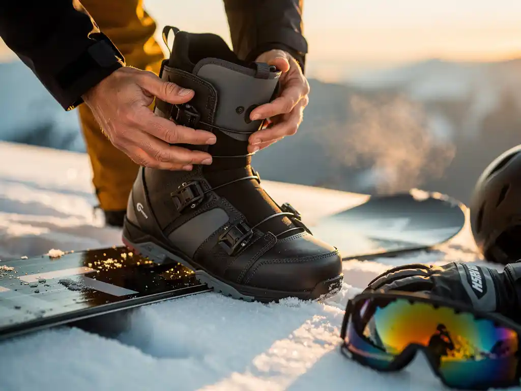 Snowboarder inspecting boot bindings and flex in fresh powder snow with premium gear scattered nearby at golden hour.