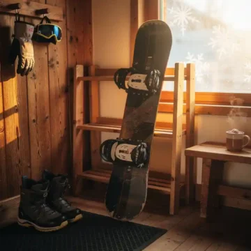 Snowboard appuyé contre un râtelier en bois dans un chalet de ski, avec bottes et équipement d'hiver rangés.