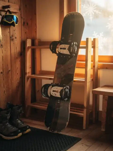 Snowboard appuyé contre un râtelier en bois dans un chalet de ski, avec bottes et équipement d'hiver rangés.