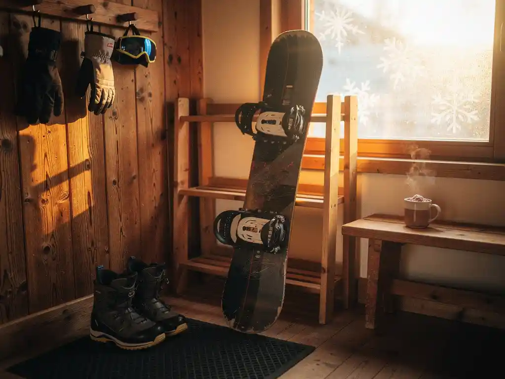 Snowboard appuyé contre un râtelier en bois dans un chalet de ski, avec bottes et équipement d'hiver rangés.
