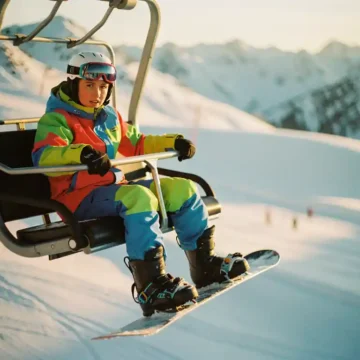 Débutant en snowboard tenant la barre de sécurité d'un télésiège, planche aux pieds, pentes enneigées en arrière-plan