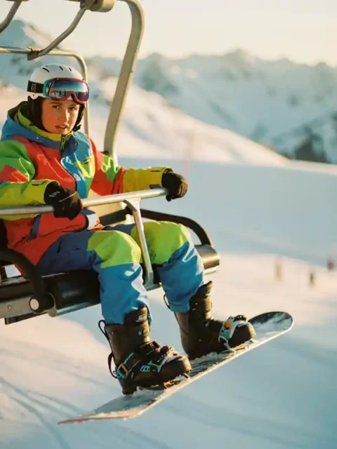 Débutant en snowboard tenant la barre de sécurité d'un télésiège, planche aux pieds, pentes enneigées en arrière-plan