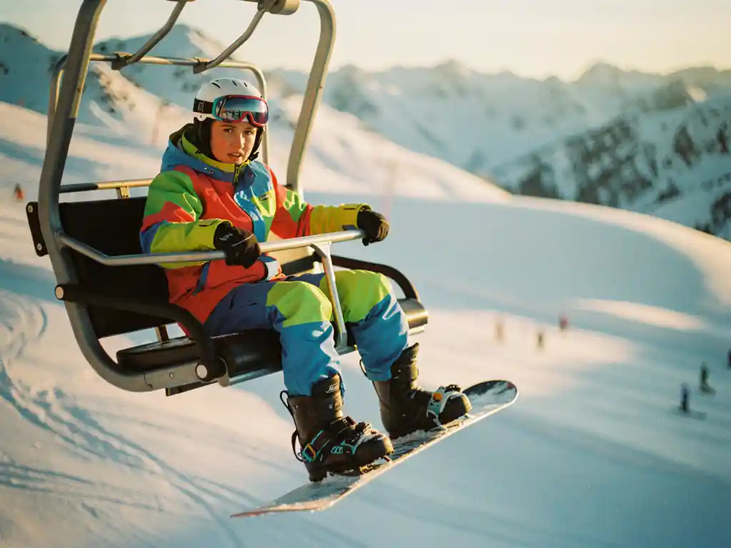 Débutant en snowboard tenant la barre de sécurité d'un télésiège, planche aux pieds, pentes enneigées en arrière-plan
