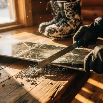 Person sharpening weathered snowboard edges with metal file tool inside ski lodge, metal shavings visible on wooden floor