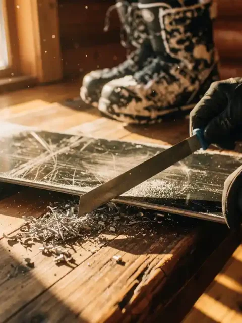 Person sharpening weathered snowboard edges with metal file tool inside ski lodge, metal shavings visible on wooden floor