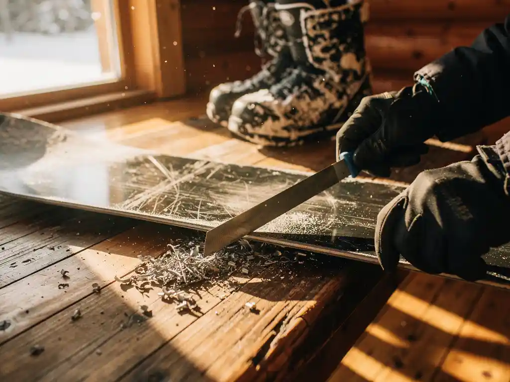 Person sharpening weathered snowboard edges with metal file tool inside ski lodge, metal shavings visible on wooden floor