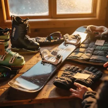 Snowboard equipment collection on wooden table including board, boots, goggles, gloves and jacket with price tags