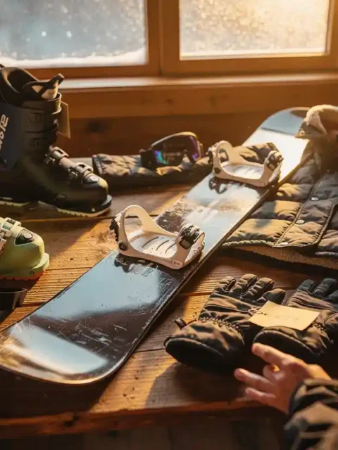 Snowboard equipment collection on wooden table including board, boots, goggles, gloves and jacket with price tags