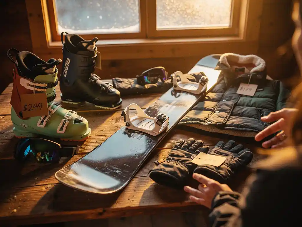 Snowboard equipment collection on wooden table including board, boots, goggles, gloves and jacket with price tags