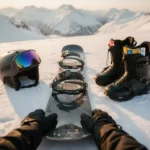 Snowboarder's hands arranging complete snowboard equipment set on fresh powder snow in mountain setting