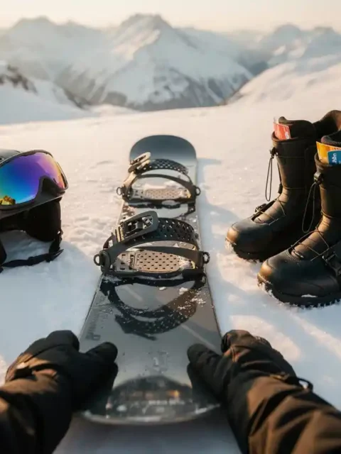 Snowboarder's hands arranging complete snowboard equipment set on fresh powder snow in mountain setting