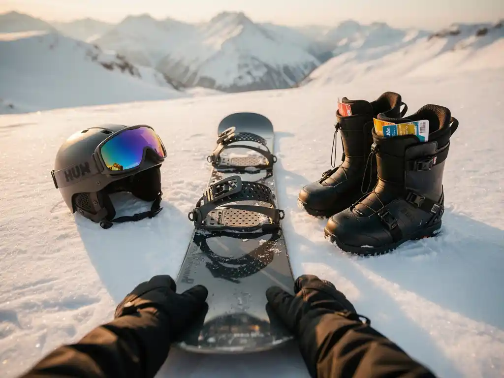 Snowboarder's hands arranging complete snowboard equipment set on fresh powder snow in mountain setting