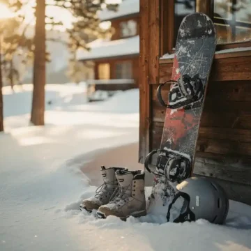 Well-worn snowboard with scratches leaning against mountain lodge wall, snow boots and helmet at base in golden sunlight