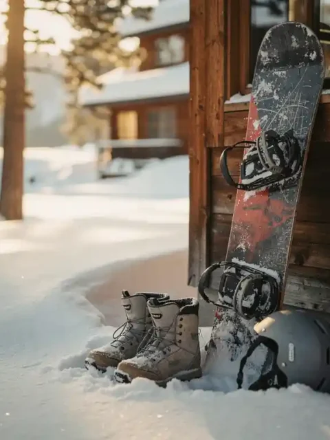 Well-worn snowboard with scratches leaning against mountain lodge wall, snow boots and helmet at base in golden sunlight