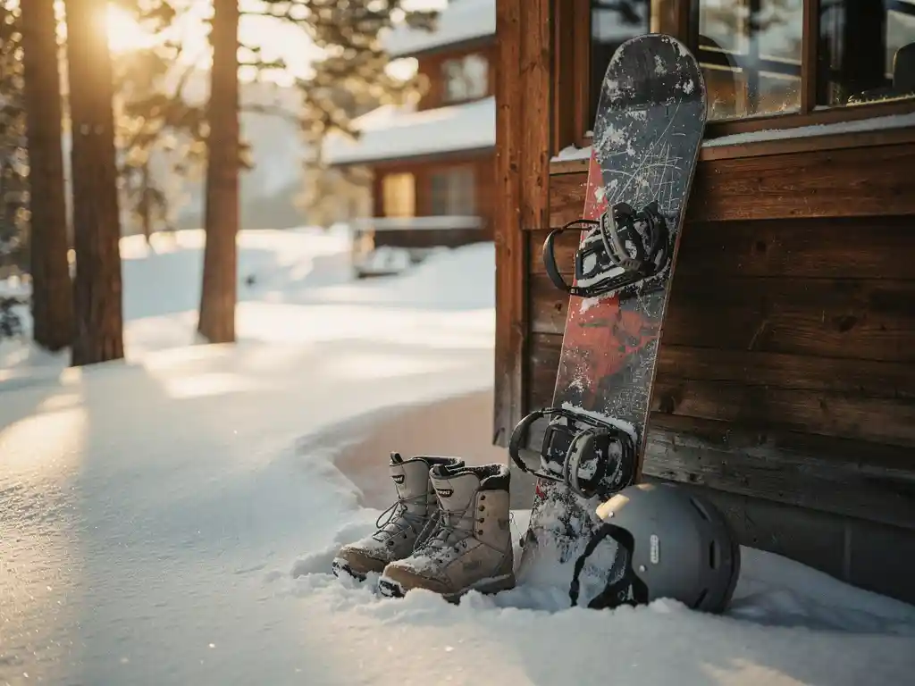Well-worn snowboard with scratches leaning against mountain lodge wall, snow boots and helmet at base in golden sunlight