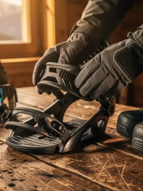 Snowboardeur examinant des fixations de snowboard sur table en bois avec équipement d'hiver dans chalet de montagne