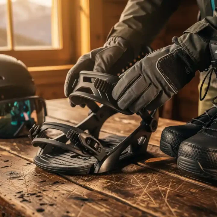 Snowboardeur examinant des fixations de snowboard sur table en bois avec équipement d'hiver dans chalet de montagne
