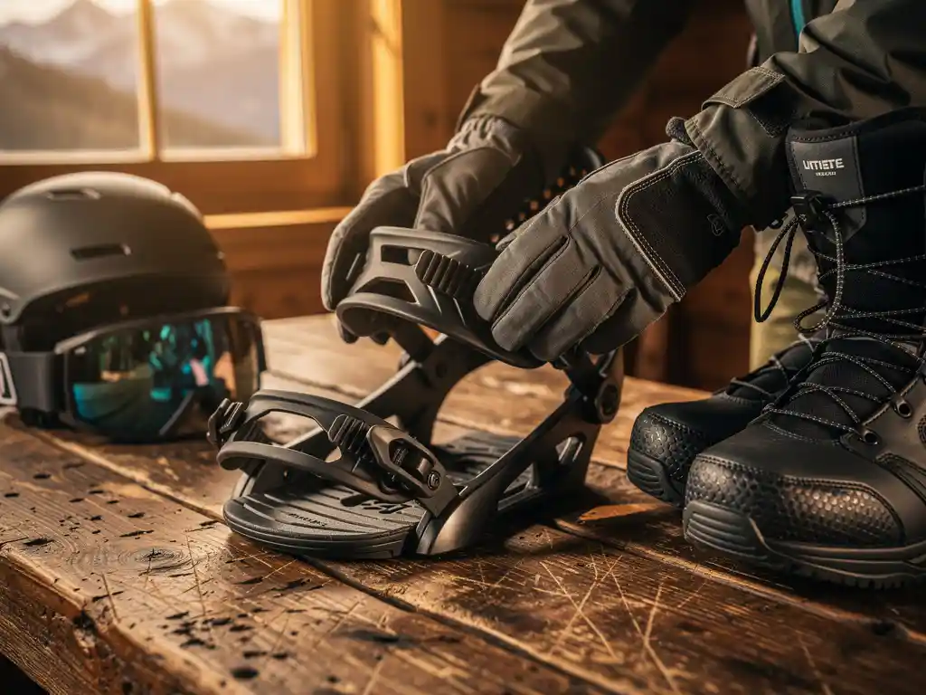 Snowboardeur examinant des fixations de snowboard sur table en bois avec équipement d'hiver dans chalet de montagne