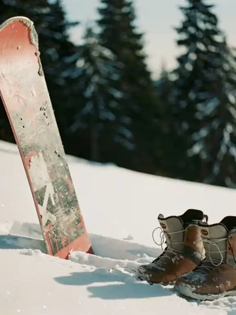 Gebruikte snowboard met slijtageplekken tegen verse poedersneeuw op bergpiste, versleten snowboardlaarzen ernaast