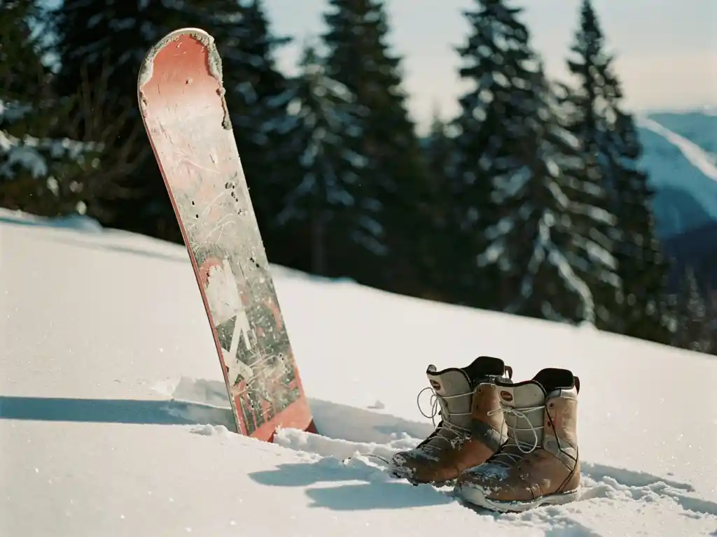 Gebruikte snowboard met slijtageplekken tegen verse poedersneeuw op bergpiste, versleten snowboardlaarzen ernaast