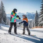 Snowboard instructeur toont techniek aan glimlachende beginner op besneeuwde piste met dennenbomen op achtergrond