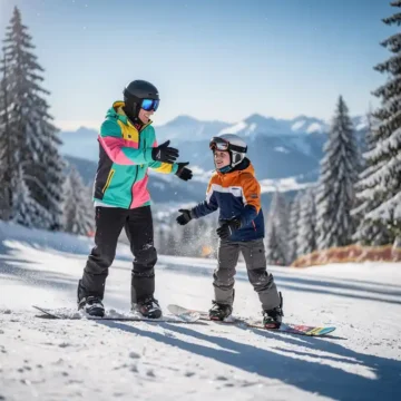 Snowboard instructeur toont techniek aan glimlachende beginner op besneeuwde piste met dennenbomen op achtergrond