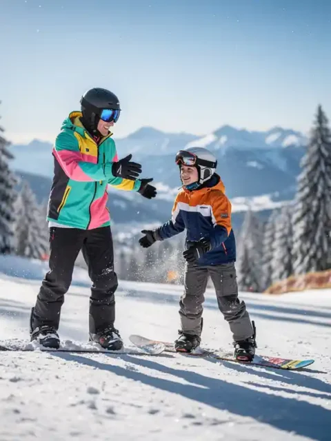 Snowboard instructeur toont techniek aan glimlachende beginner op besneeuwde piste met dennenbomen op achtergrond