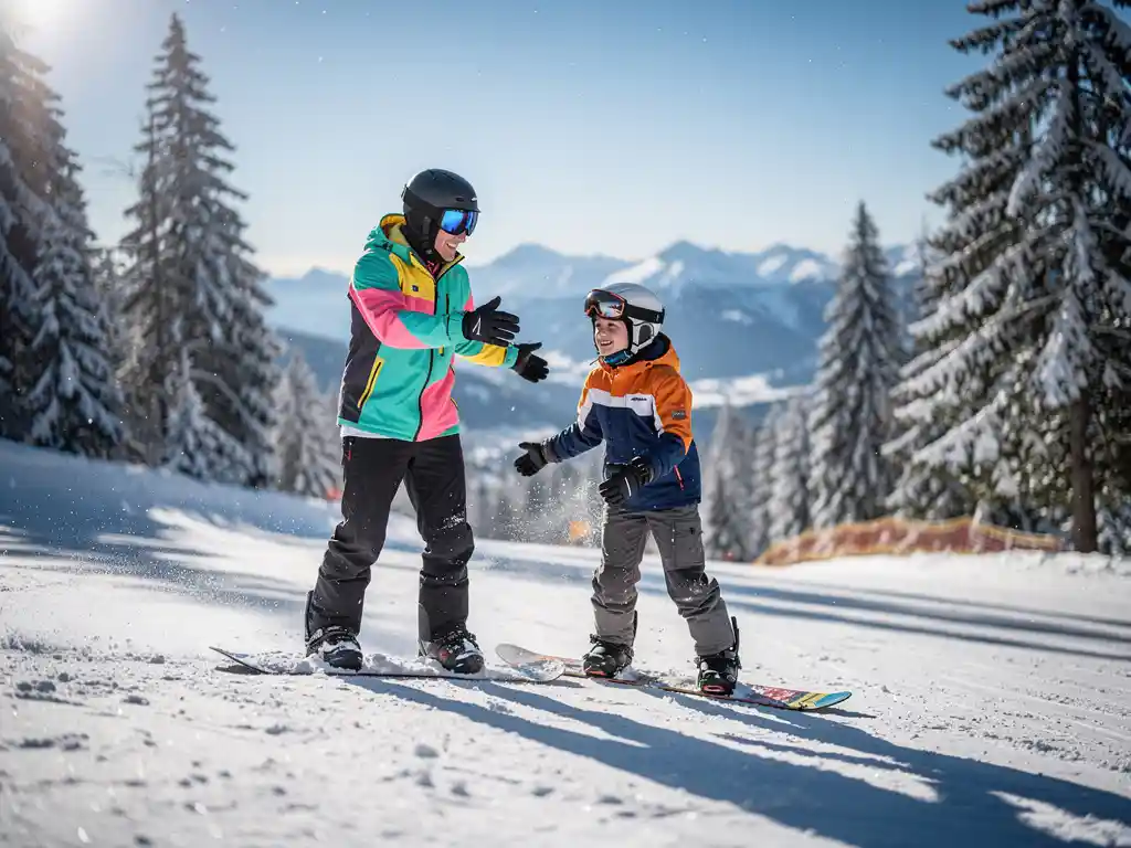 Snowboard instructeur toont techniek aan glimlachende beginner op besneeuwde piste met dennenbomen op achtergrond