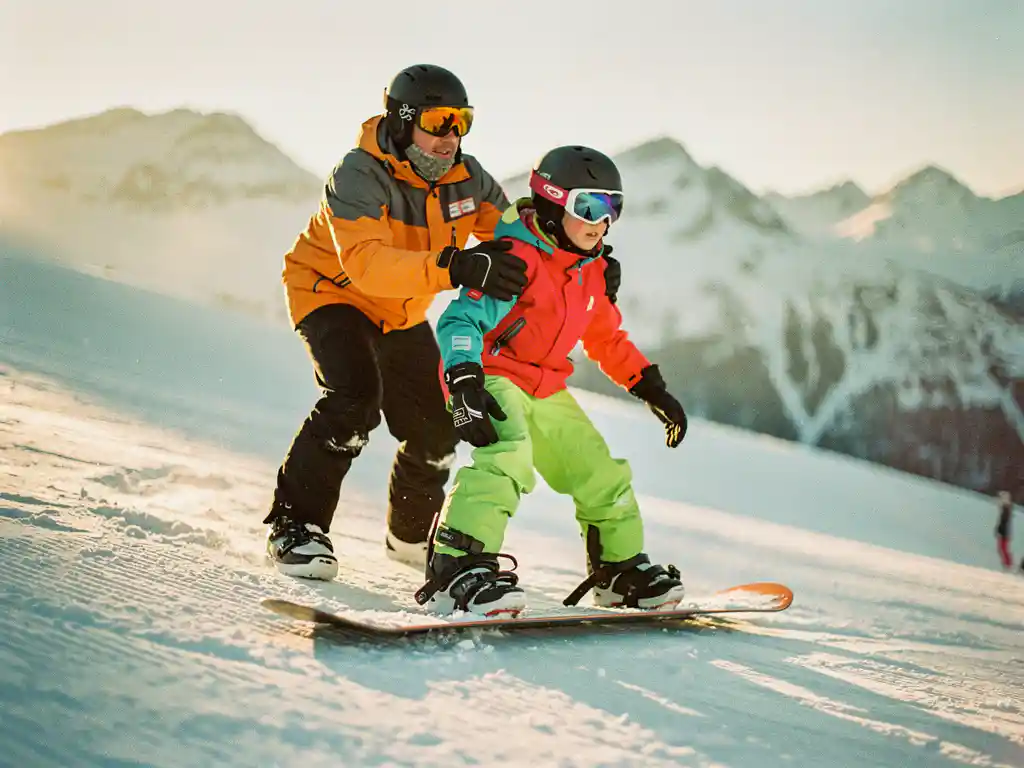Snowboard instructeur helpt beginner met juiste houding op besneeuwde helling, bergen op achtergrond