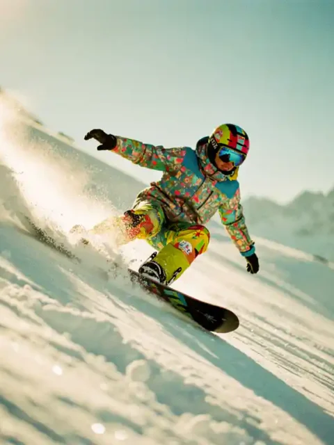 Snowboard instructeur demonstreert stuurstechniek in poedersneeuw met gebogen knieën en gebalanceerde houding op bergpiste