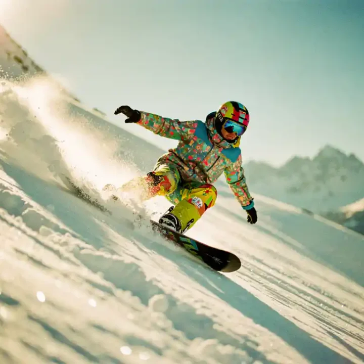 Snowboard instructeur demonstreert stuurstechniek in poedersneeuw met gebogen knieën en gebalanceerde houding op bergpiste
