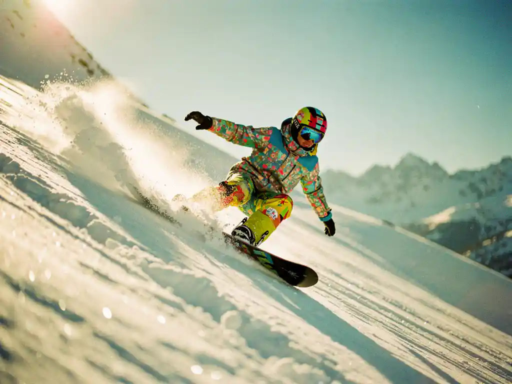 Snowboard instructeur demonstreert stuurstechniek in poedersneeuw met gebogen knieën en gebalanceerde houding op bergpiste