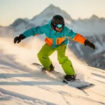 Snowboard instructeur demonstreert carving techniek op poedersneeuw met bergen op achtergrond tijdens gouden uur