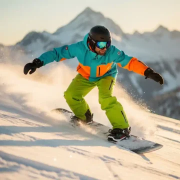 Snowboard instructeur demonstreert carving techniek op poedersneeuw met bergen op achtergrond tijdens gouden uur