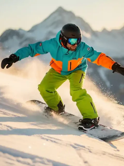 Snowboard instructeur demonstreert carving techniek op poedersneeuw met bergen op achtergrond tijdens gouden uur