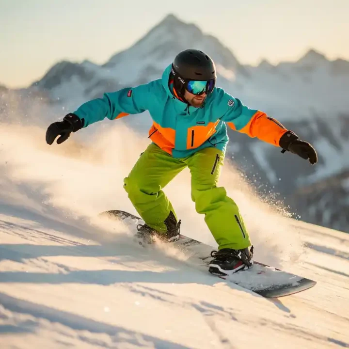 Snowboard instructeur demonstreert carving techniek op poedersneeuw met bergen op achtergrond tijdens gouden uur