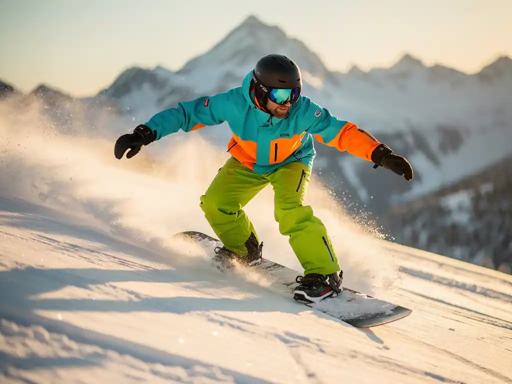 Snowboard instructeur demonstreert carving techniek op poedersneeuw met bergen op achtergrond tijdens gouden uur