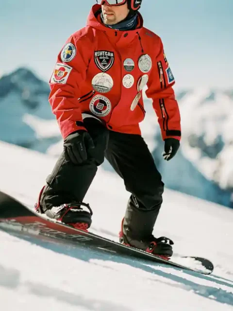 Professionele snowboard instructeur met certificatie badges op rode jas demonstreert techniek op poedersneeuw