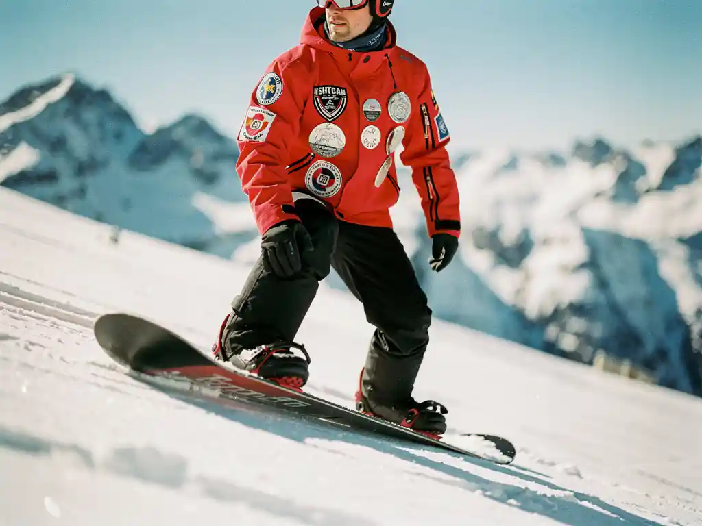 Professionele snowboard instructeur met certificatie badges op rode jas demonstreert techniek op poedersneeuw