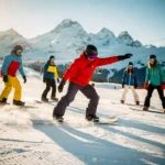 Snowboard instructeur toont techniek aan studenten op besneeuwde berghelling met bergtoppen op achtergrond