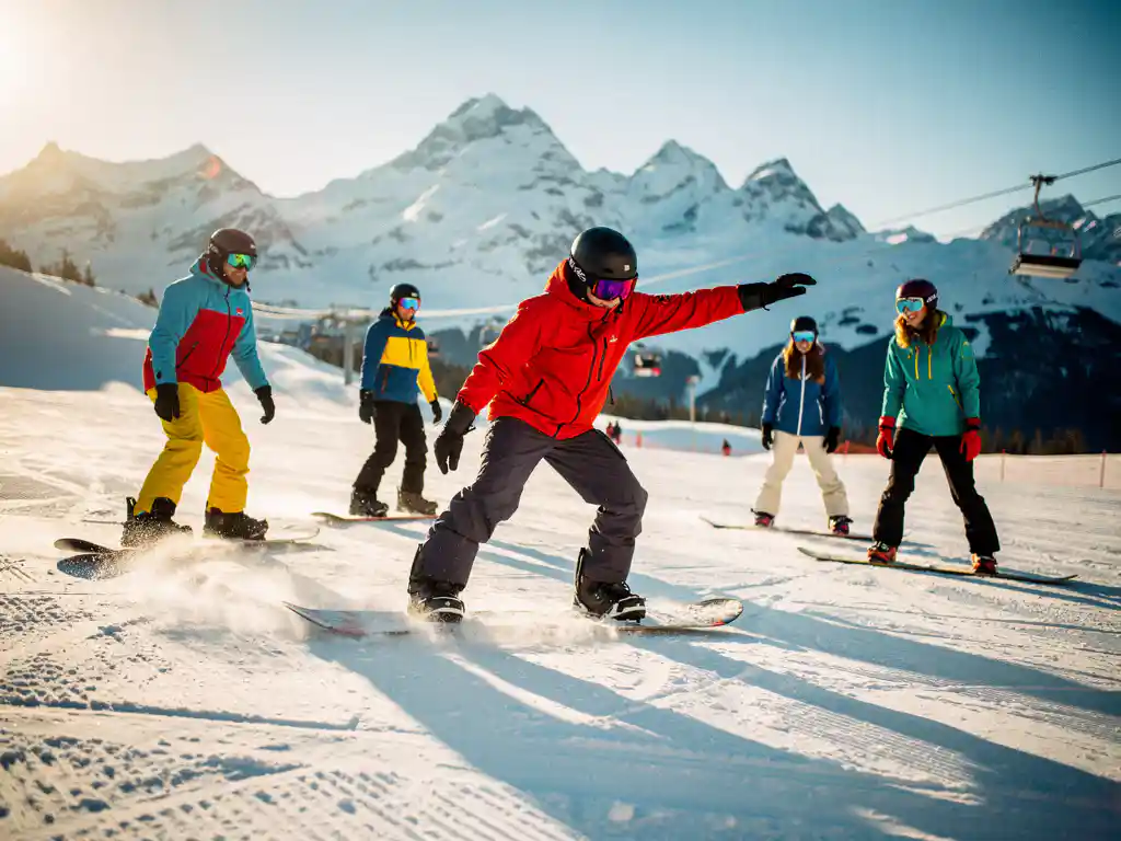 Snowboard instructeur toont techniek aan studenten op besneeuwde berghelling met bergtoppen op achtergrond