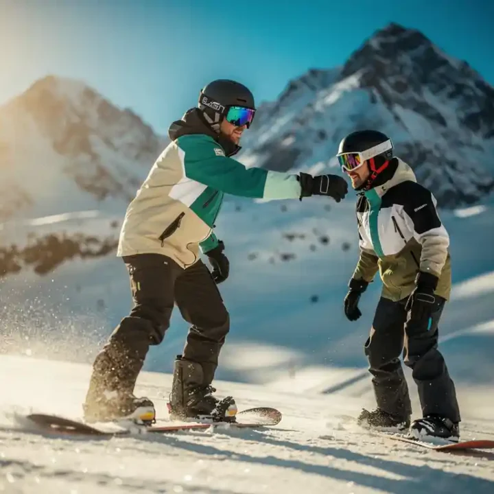 Snowboard instructeur toont juiste techniek aan beginnende leerling op besneeuwde berghelling onder blauwe hemel