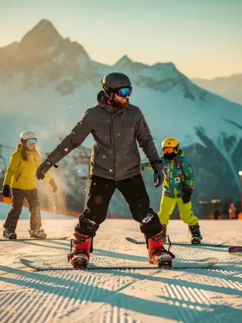 Snowboard instructeur toont juiste houding aan studenten op besneeuwde bergpiste tijdens gouden uurtje