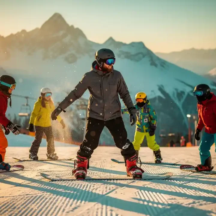 Snowboard instructeur toont juiste houding aan studenten op besneeuwde bergpiste tijdens gouden uurtje