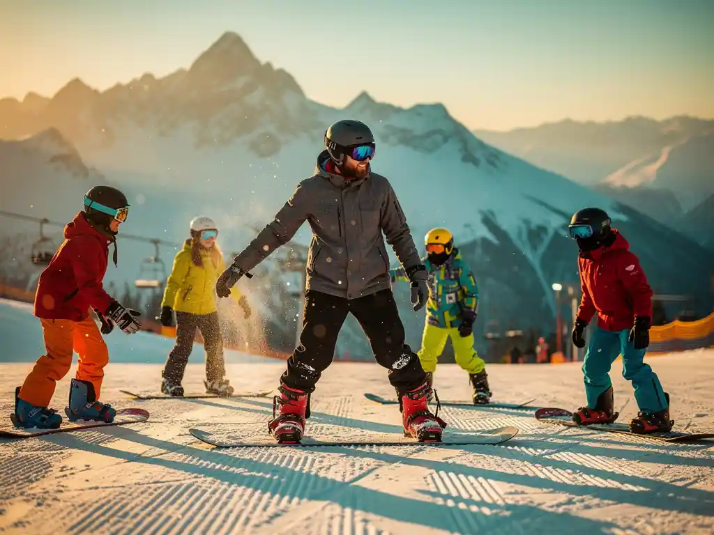 Snowboard instructeur toont juiste houding aan studenten op besneeuwde bergpiste tijdens gouden uurtje