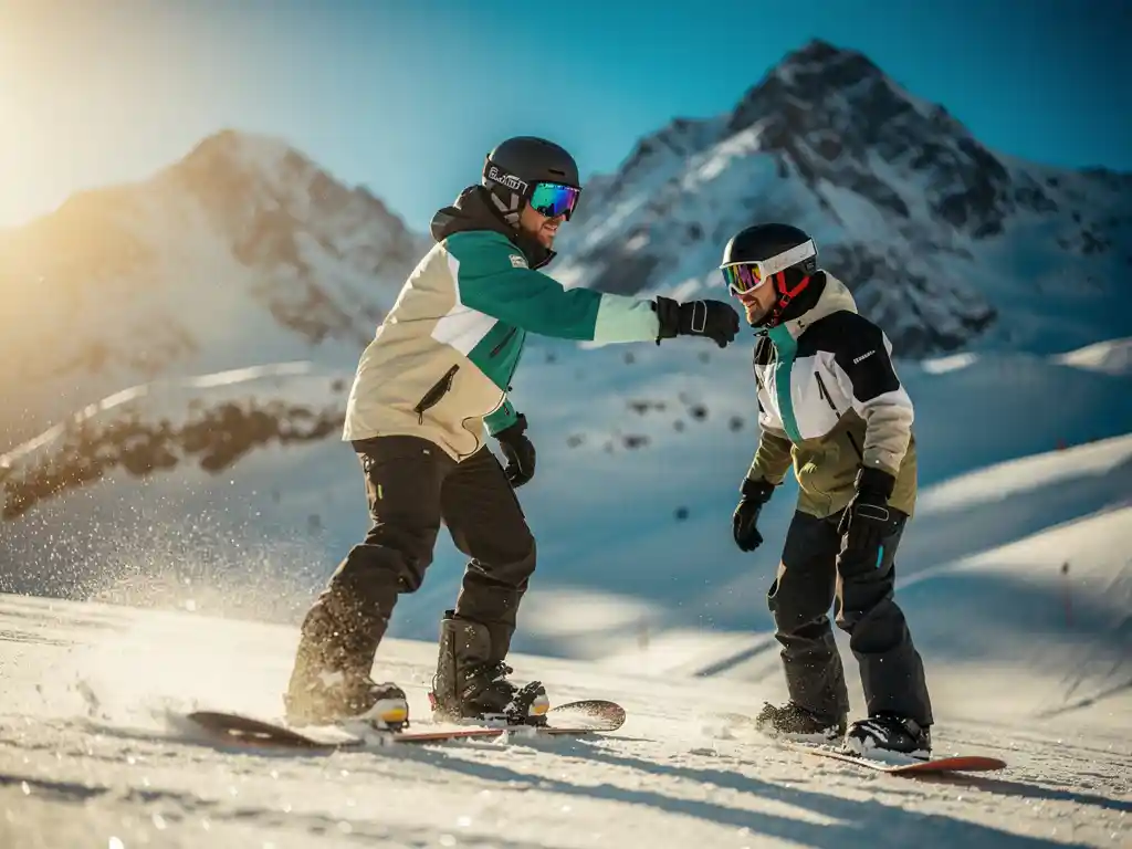 Snowboard instructeur toont juiste techniek aan beginnende leerling op besneeuwde berghelling onder blauwe hemel