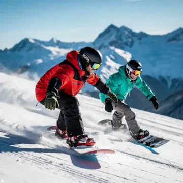 Snowboard instructeur toont techniek aan student op besneeuwde bergpiste met alpine achtergrond