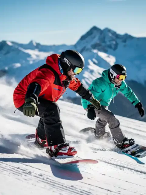 Snowboard instructeur toont techniek aan student op besneeuwde bergpiste met alpine achtergrond