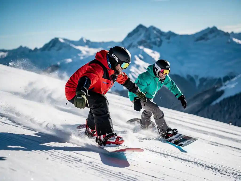 Snowboard instructeur toont techniek aan student op besneeuwde bergpiste met alpine achtergrond