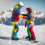Snowboard instructeur helpt beginner met juiste houding op besneeuwde piste met bergen op achtergrond